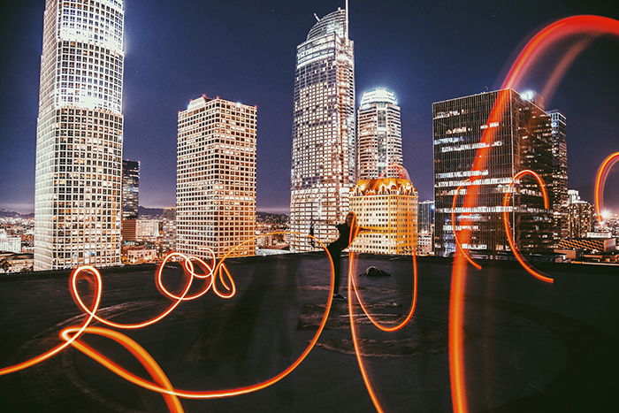 Light graffiti on a rooftop.