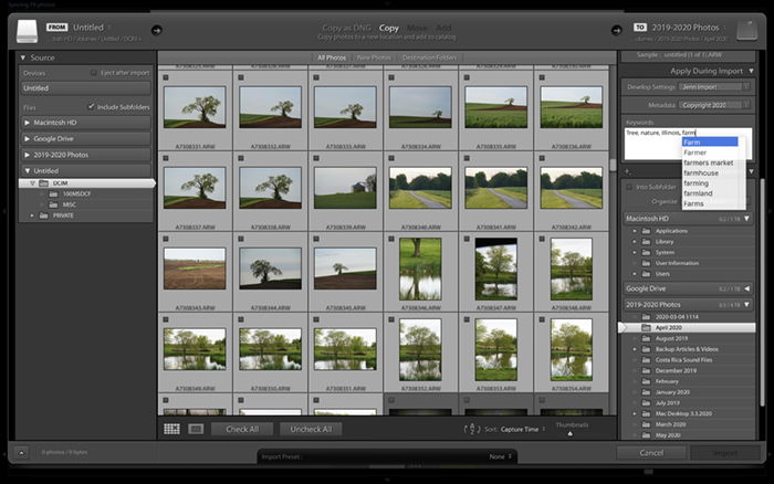 Screenshot of Lightroom import window.