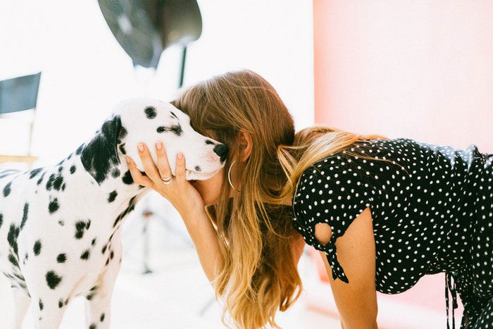 A girl embracing a Dalmatian as an example of family photos with dogs