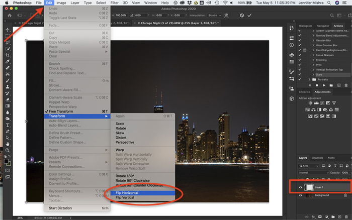 Screenshot of Photoshop. Shows copied left part of the image copied onto a new layer and procedure to flip the layer horizontally.