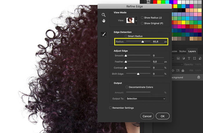 A screenshot showing how to refine edges in Photoshop on a portrait of a female model