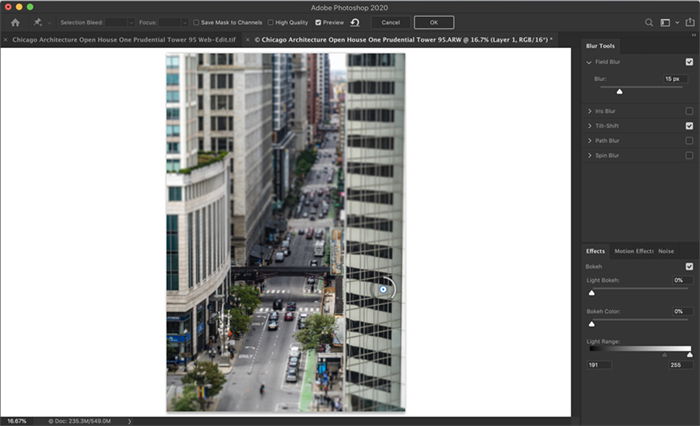 Screenshot of Photoshop workspace. Shows blur gallery workspace with field blur applied.