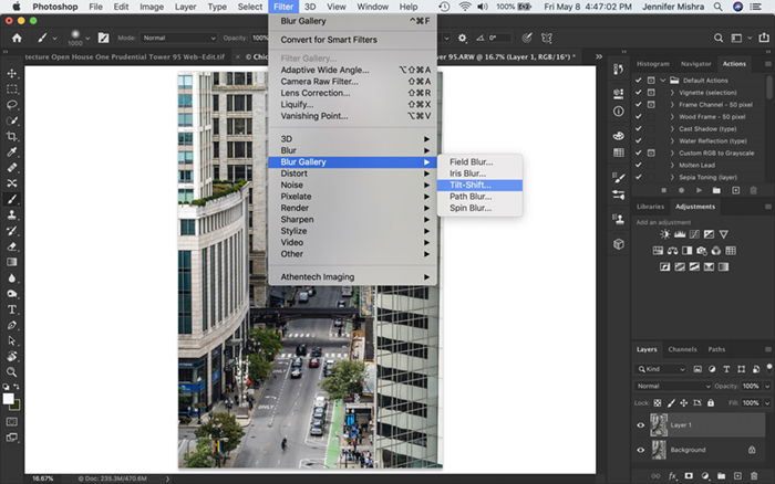 Screenshot of Photoshop workspace. Shows how to navigate to Tilt-Shift blur filter.