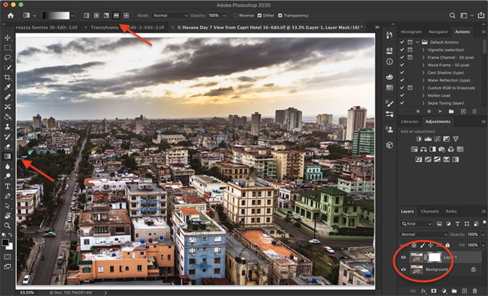 Screenshot of Photoshop workspace. Shows duplicate layer, layer mask, and graduated filter tool settings.