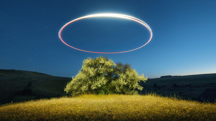 A nighttime scene showing a circular light ring around a tree. 