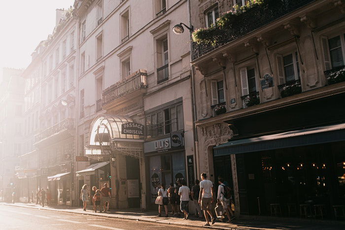 A busy urban street scene