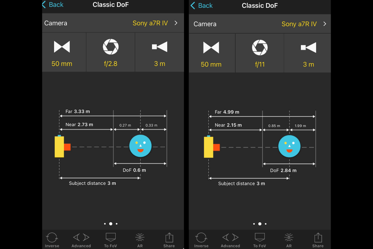 Two screenshots of the Photo Pills app showing aperture comparisons for depth of field