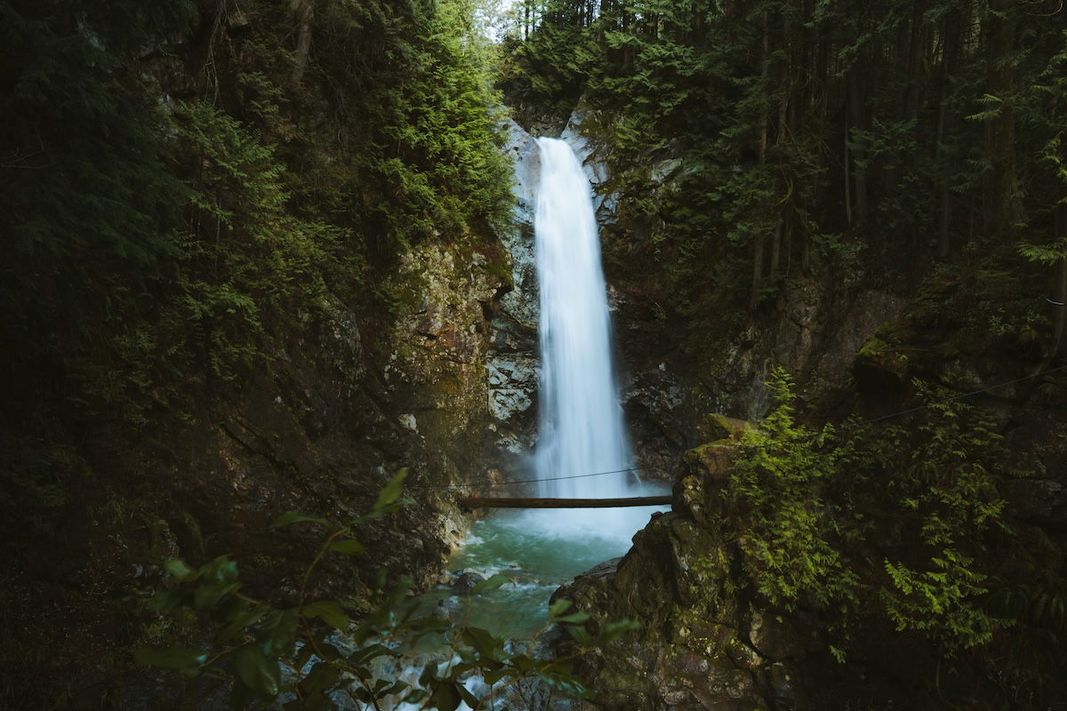 Landscape with a waterfall with a deep depth of field