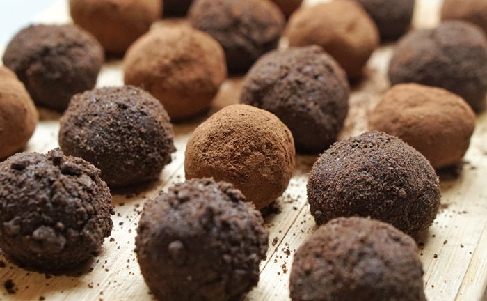 Rows of chocolate truffles