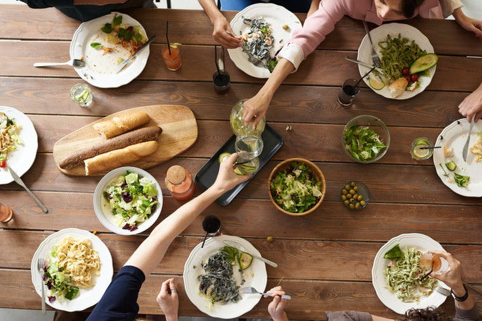 Flat lay food photo of people sharing lunch