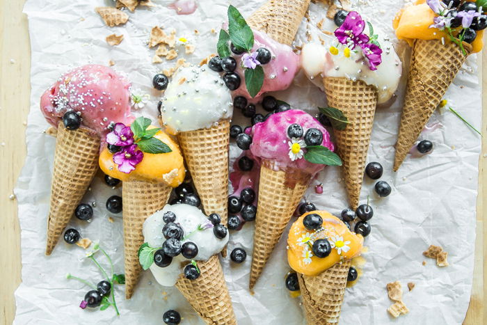 Flat lay photo of fruity ice cream and ingredients