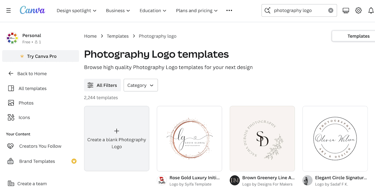 Screenshot of Canva photography logo templates for how to make a watermark