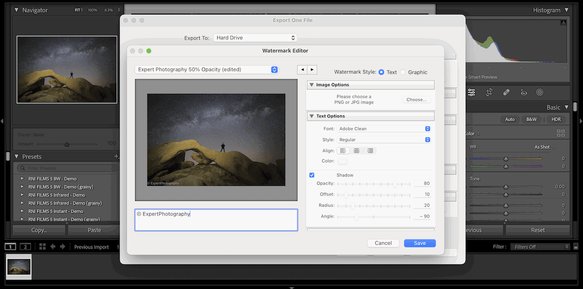 Screenshot of Adobe Lightroom interface showing how to make a watermark with text