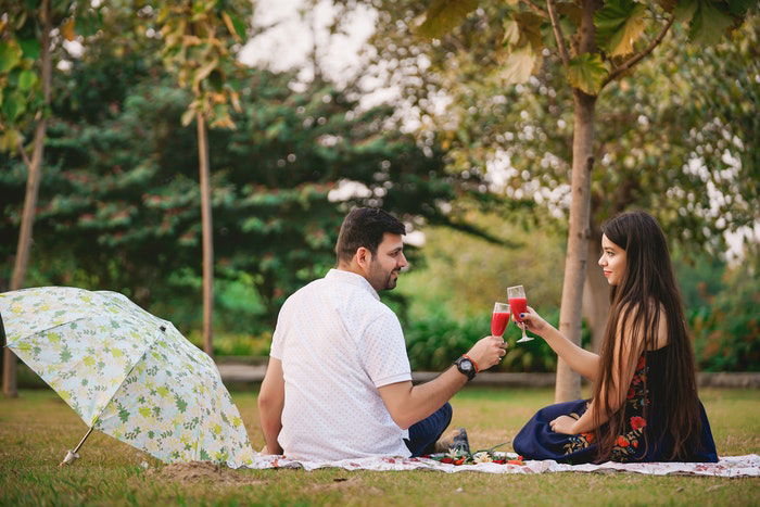 A couple clinking cocktail glasses at a picnic