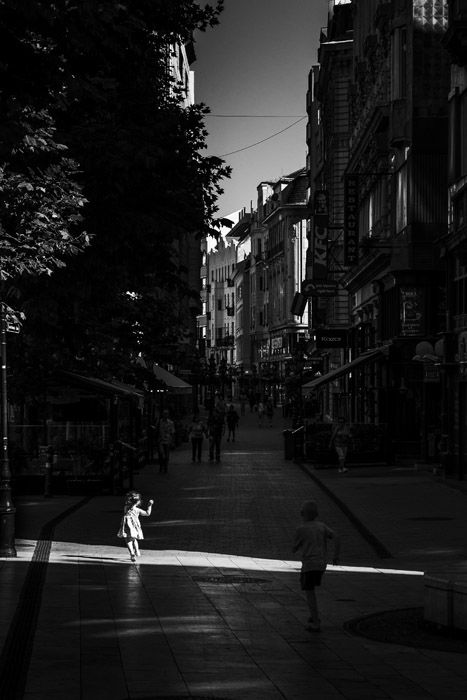 Black and white street scene in Budapest