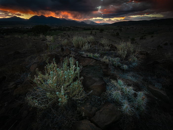 Long exposure of a rocky landscape at sunset