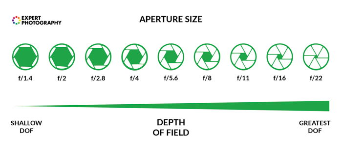 A chart showing how the aperture size affects the depth of field.