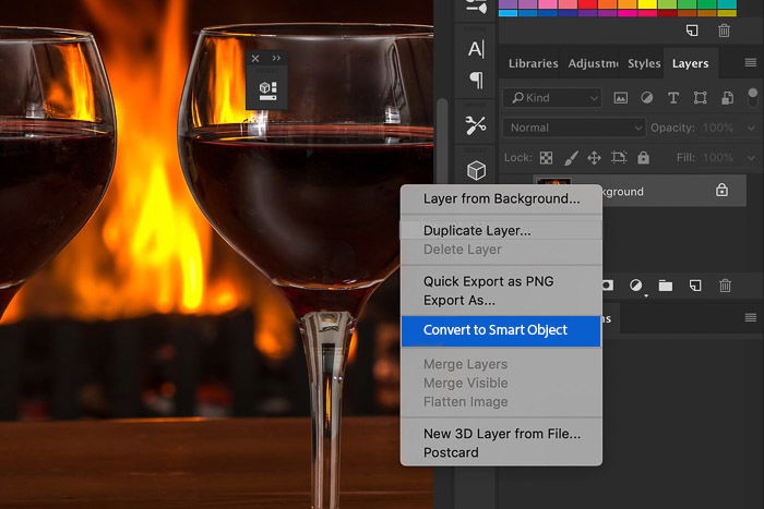 screenshot of converting to smart object in photoshop