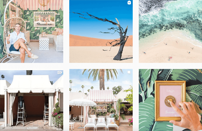 A collage of images showcasing a resort, featuring beach chairs, palm trees, umbrellas, and ocean waves. 