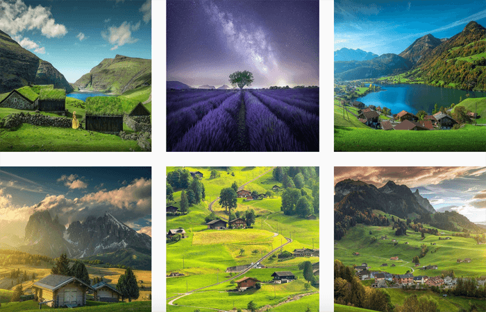 A collage of colorful landscapes, including mountains and a river. 