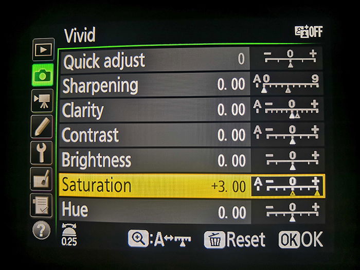 Nikon camera settings for vivid picture mode and color saturation setting highlighted