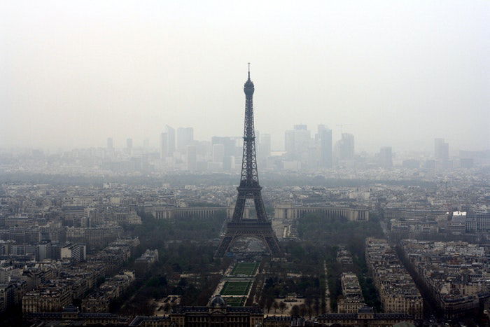 Aerial view of the Eiffel tower on a misty day