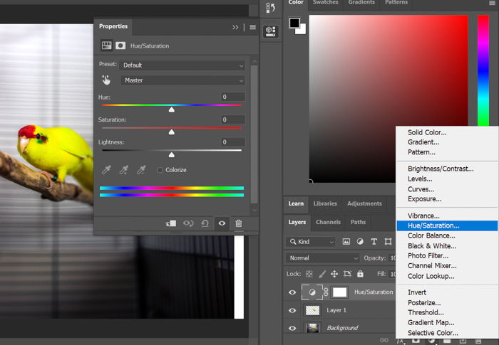 A screenshot of adjusting hue/saturation in photoshop