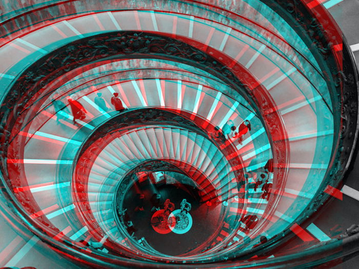 Glitch effect photo of a spiral staircase