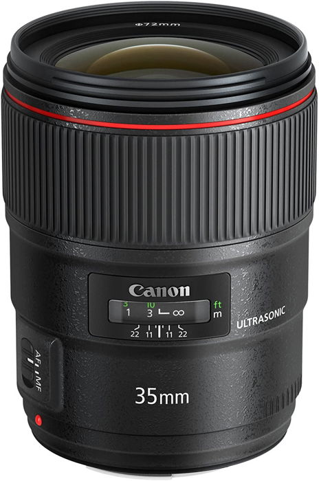 Product shot of a Canon EF 35mm f/1.4L II USM prime lens