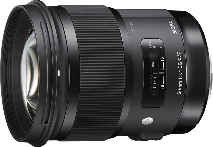 Product shot of a Sigma 50mm f/1.4 DG HSM Art prime lens