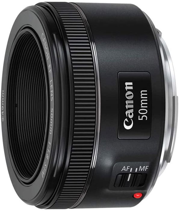 Product shot of a Canon 50mm f/1.8 STM prime lens