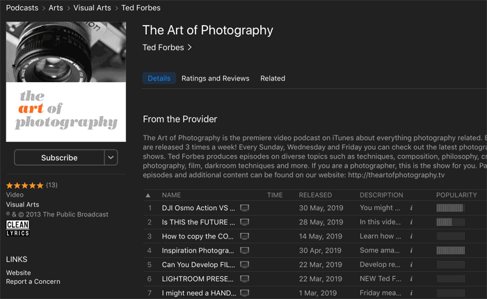 Screenshot of 'the art of photography' podcast playing in an app