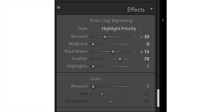 screenshot of adjusting effects in Lightroom