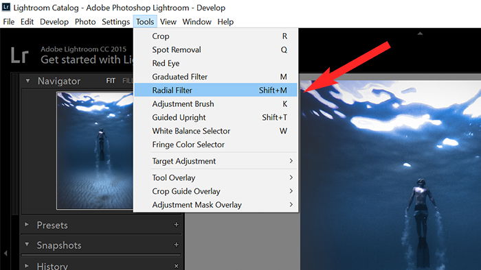 A screenshot of using radial filter to add a vignette to an image in Lightroom