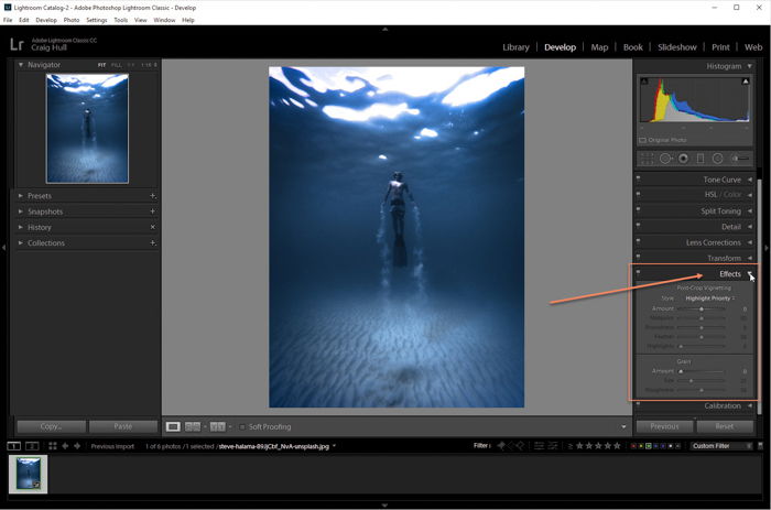 A screenshot of editing an image with effects panel in Lightroom