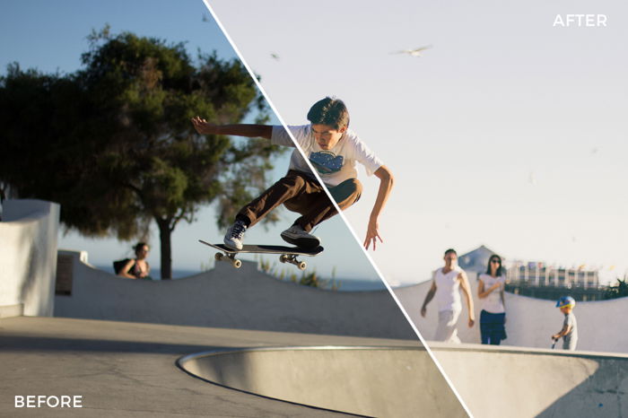 A skater jumping high. Half of the image is dark, and the other half is made with a preset, which makes it bright. 