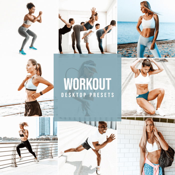 8 images of women and men working out or posing in active wear