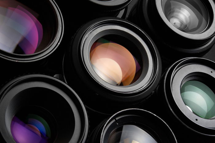 Group of colorful camera lenses