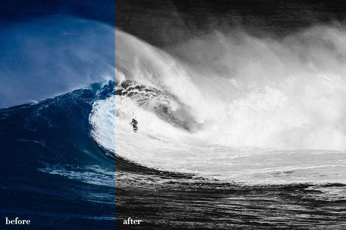 Before and After image of waves by The Editorial Collection v2 Lightroom presets