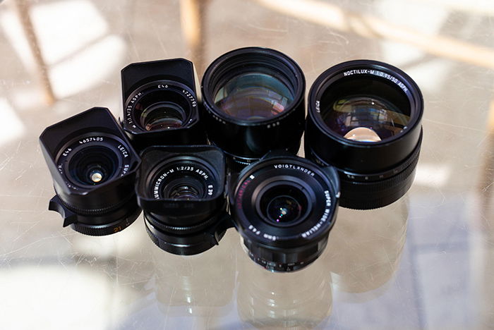 Photograph of 21mm Super Elmar, 35mm F1.4 Summilux, 90mm APO Summicron, 50mm Noctilux, 15mm Voigtlander and 35mm F2 Summicron