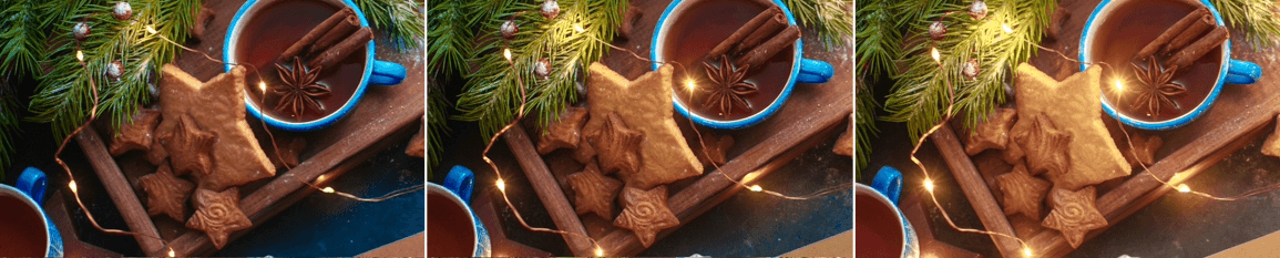 Comparison of camera settings for Christmas lights for a still life with a cookie and beverage