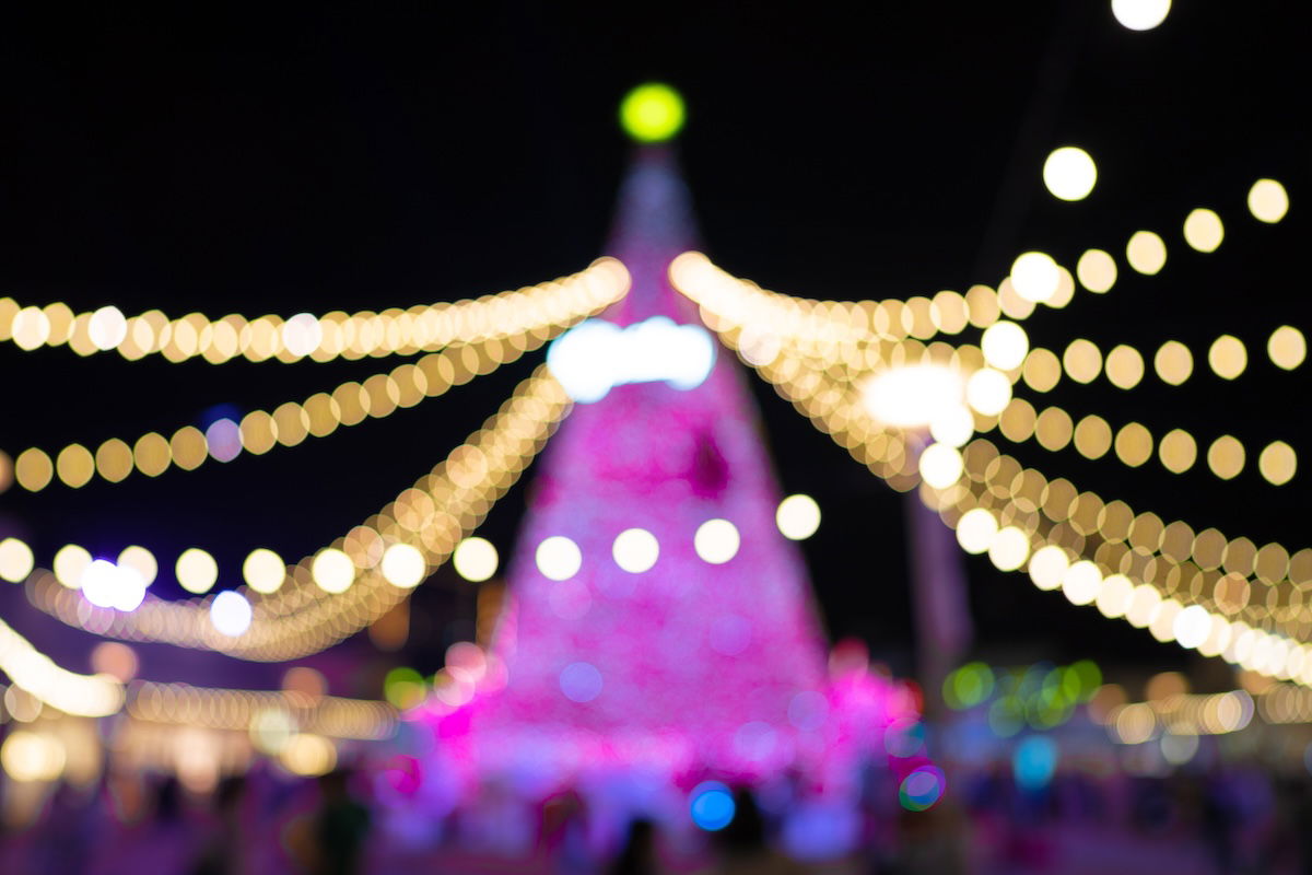 Christmas tree and string light bokeh out of focus