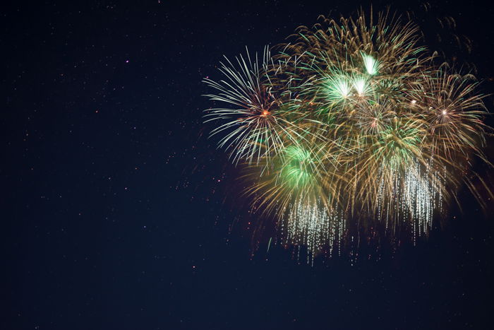 Colored fireworks exploding in the night sky