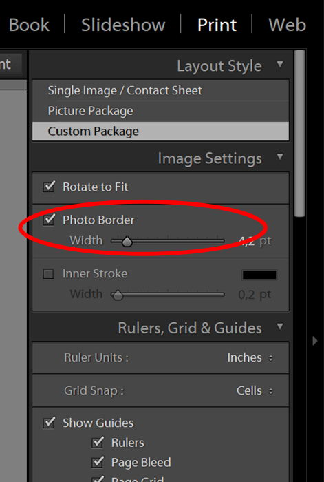 screenshot of Lightroom UI of Photo Border image settings