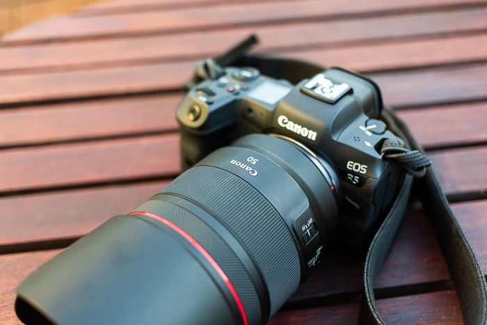 Image of the Canon RF 50mm f/1.2L USM mirrorless lens on the Canon EOS R5