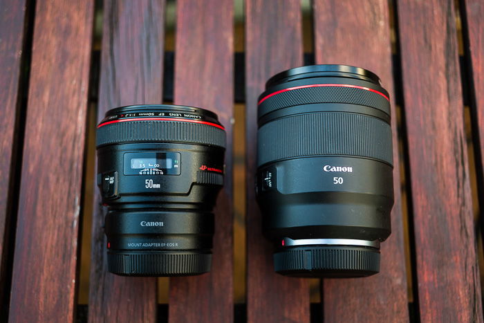 Image comparing the sizes of the RF 50mm f/1.2L and EF 50mm f/1.2L