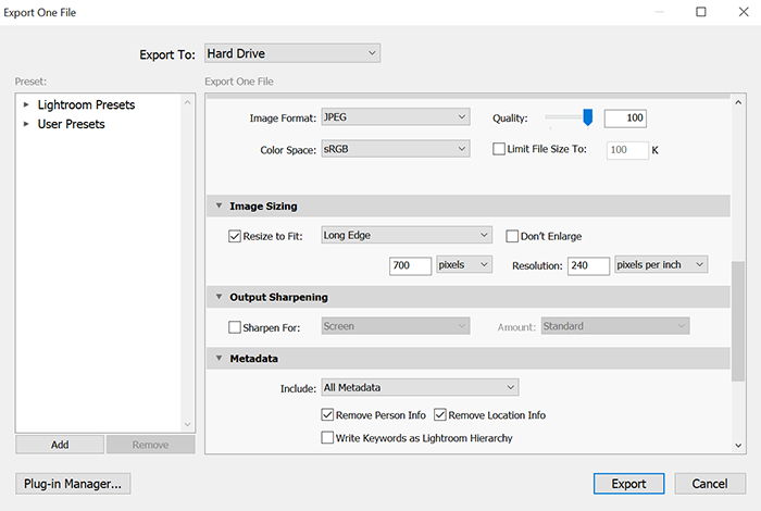 Exporting panel of a photo editing software