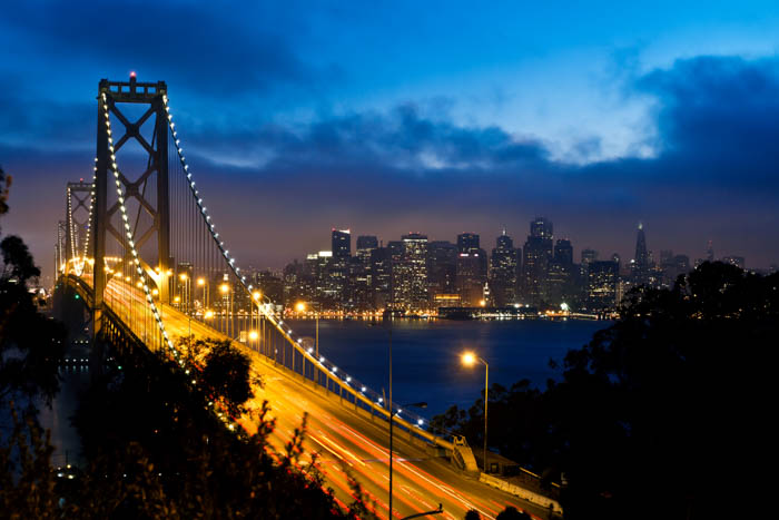 An image of Bay Bridge and San Francisco city view at night