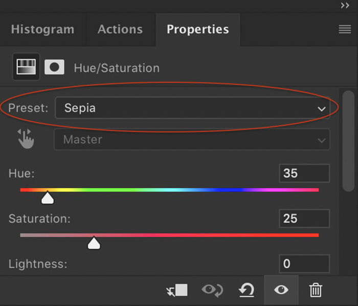 photoshop screenshot of the hue saturation adjustment layer menu