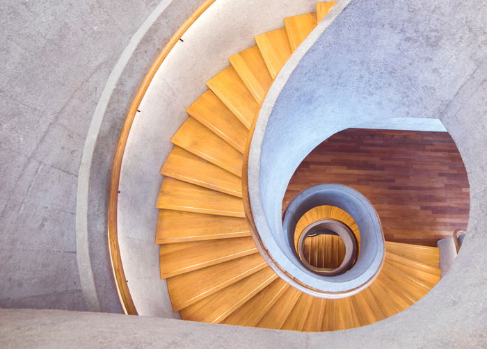 A beautiful flat lay architecture photography of a spiral stairway